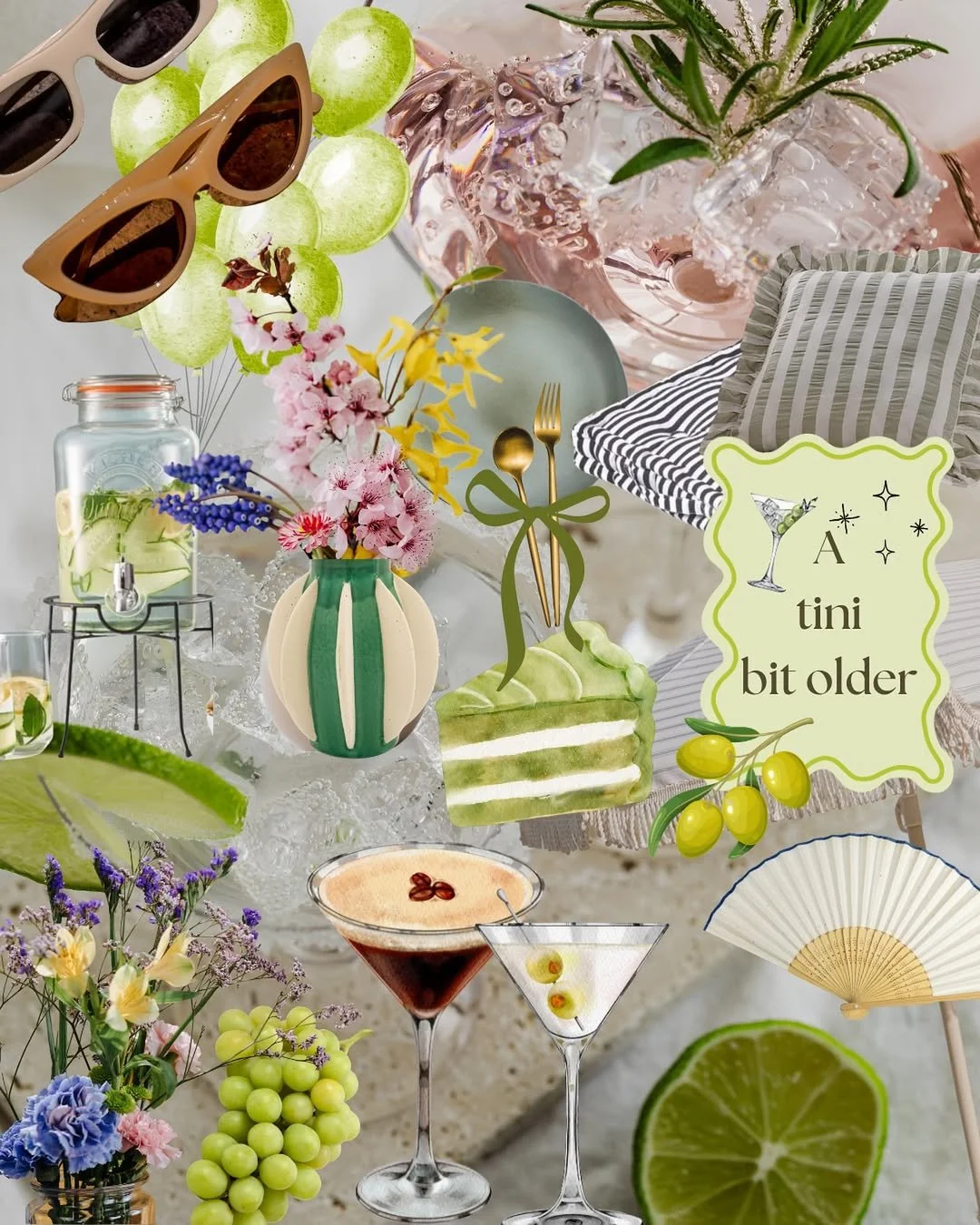 Decorative table setup with flowers, cocktails, and summer accessories like sunglasses, lime wedge, and a 'tini bit older' sign on a bright, festive themed table.