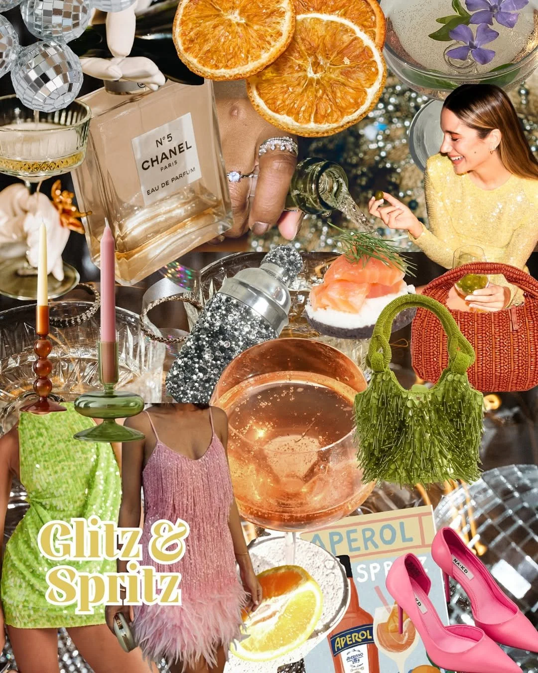 Collage of fashion and lifestyle items including orange slices, a woman in a yellow dress, pink high heels, colorful handbags, jewelry, a perfume bottle, candles, a cocktail, and a woman holding a lime. The text 'Glitz & Spritz' is in the lower left