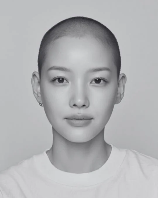 Frontal portrait of a person with smooth, youthful facial contours and lifted features, reflecting typical results after facelift surgery