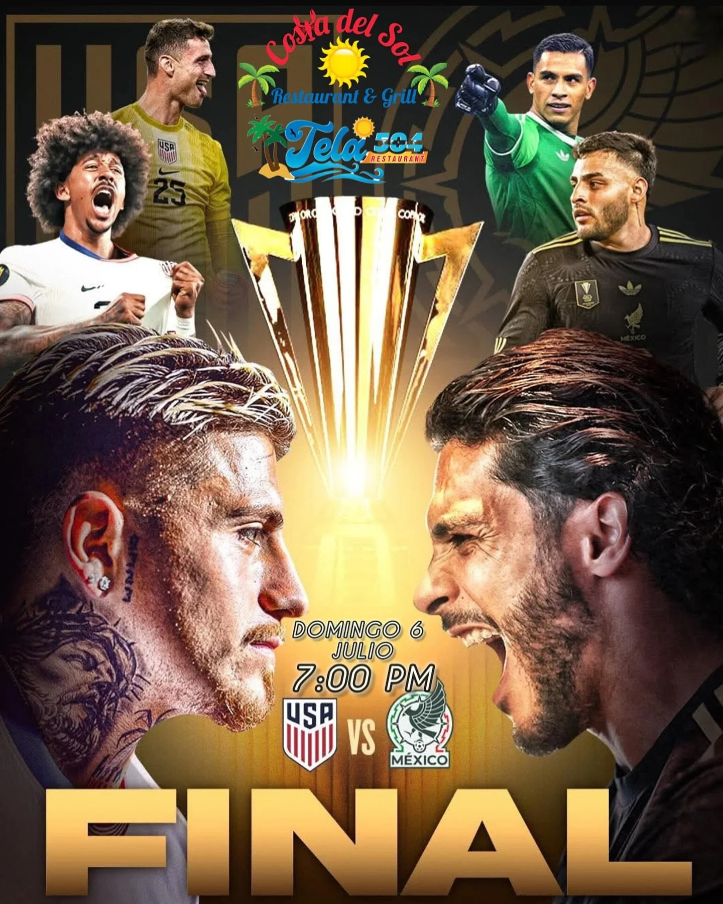 🌊🌞 &iexcl;Este fin de semana en Costa del Sol y Tela Restauraci&oacute;n, viviremos la emoci&oacute;n del f&uacute;tbol! ⚽️🔥 No te pierdas la transmisi&oacute;n del juego final de la Copa de Oro entre EE. UU. y M&eacute;xico. Ven a disfrutar de un