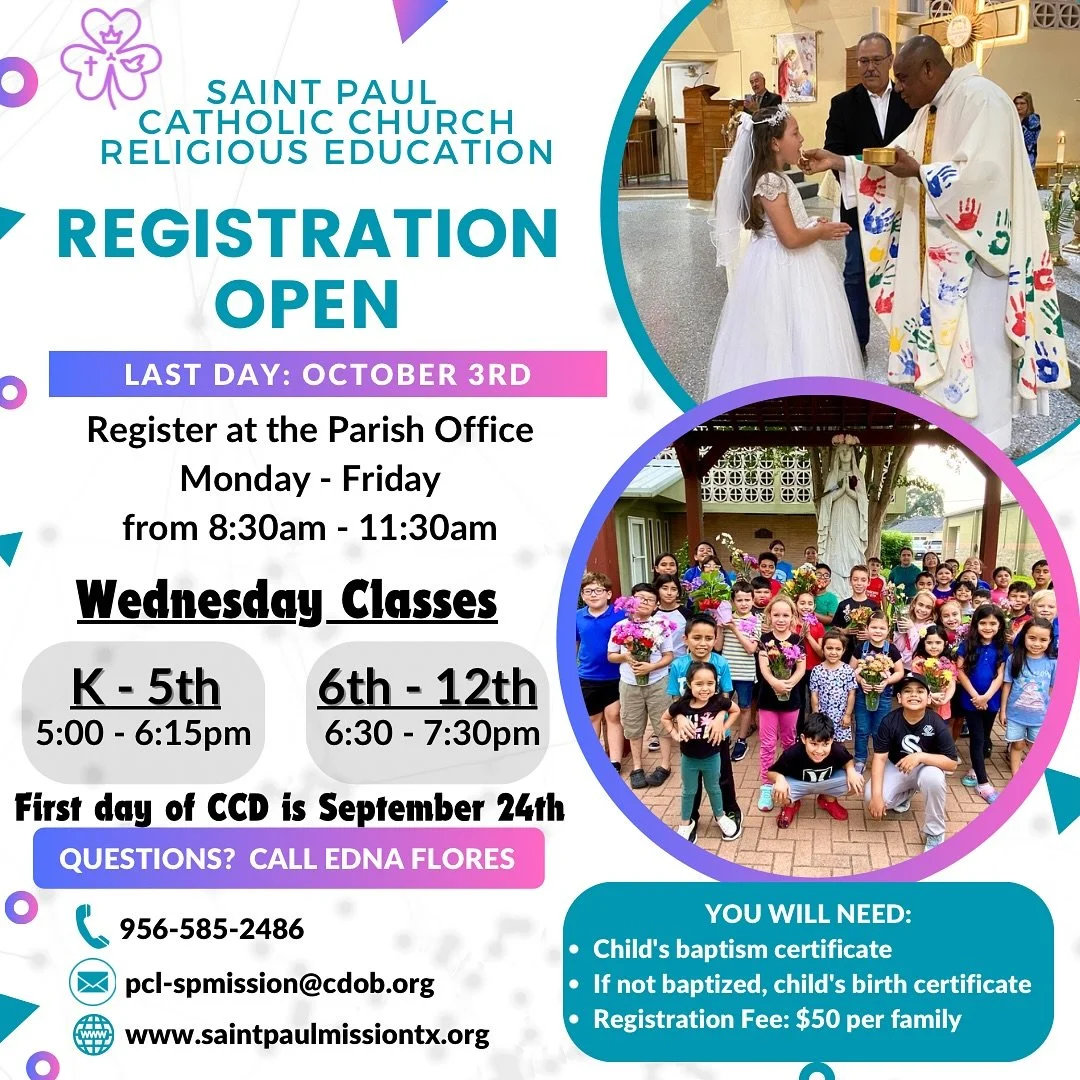 📖✨ CCD Registration Day! ✨📖 Stop by the Parish Hall TODAY, September 20th between 2&ndash;6 pm to register your children. 🙌

The Catholic faith is such a beautiful gift &mdash; let us walk alongside you in your family&rsquo;s faith journey. 💙