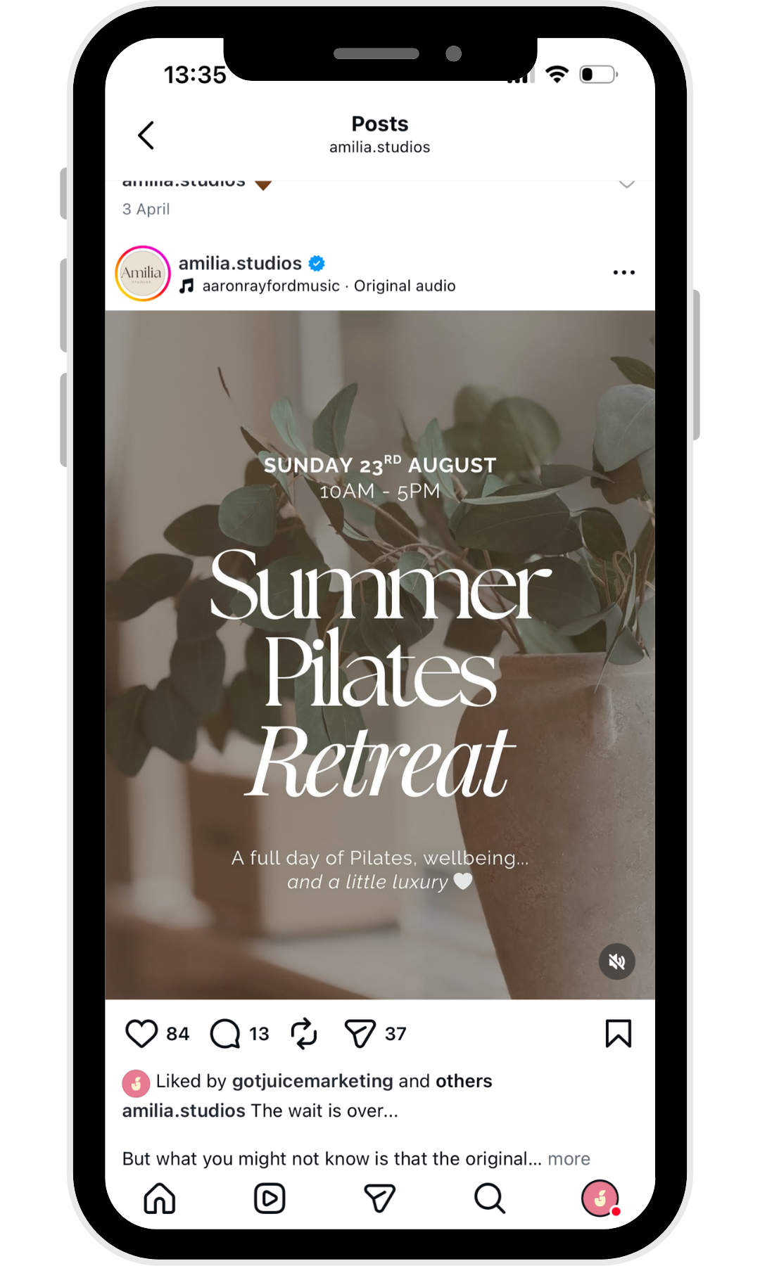 Screenshot of Amilia Studios Instagram Post for Summer Retreat