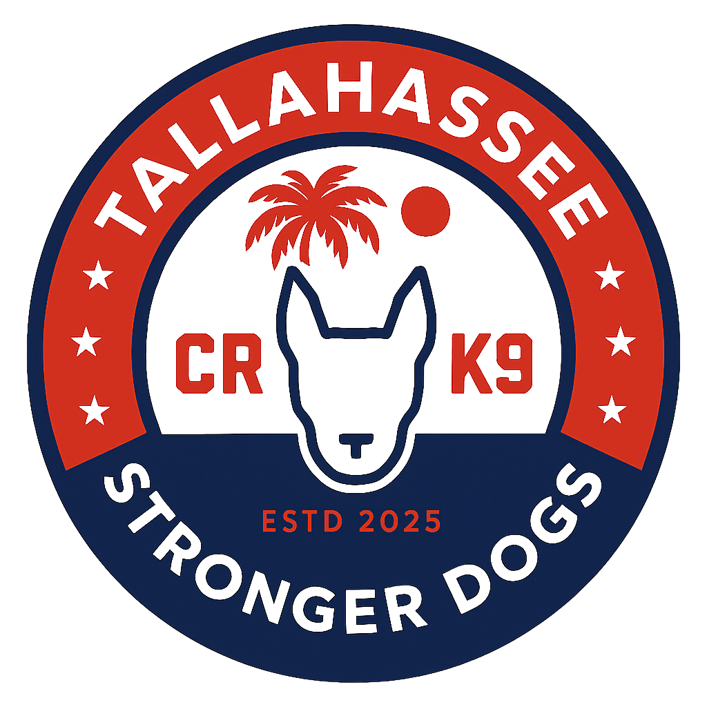 A circular logo for Talahassee Stronger Dogs featuring a dog silhouette, palm tree, and sun, with the text 'Talahassee Stronger Dogs,' 'ESTD 2025,' and abbreviations 'CR' and 'K9'.