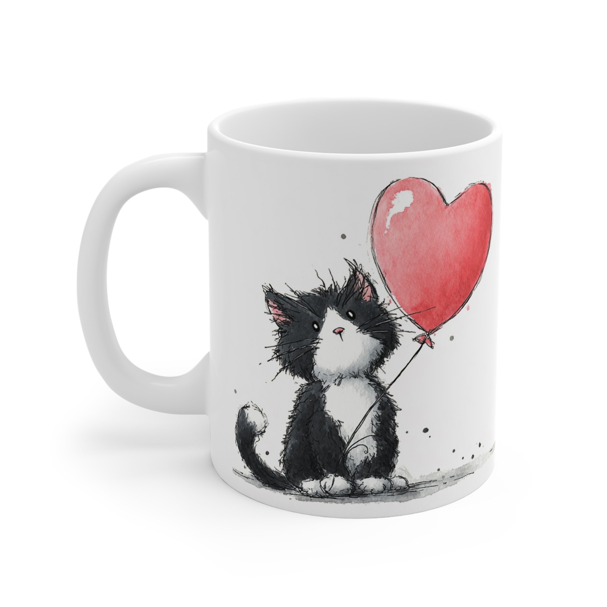 Cute Cat with Heart Balloon Mug | Valentine’s Day Watercolour Cat Gift