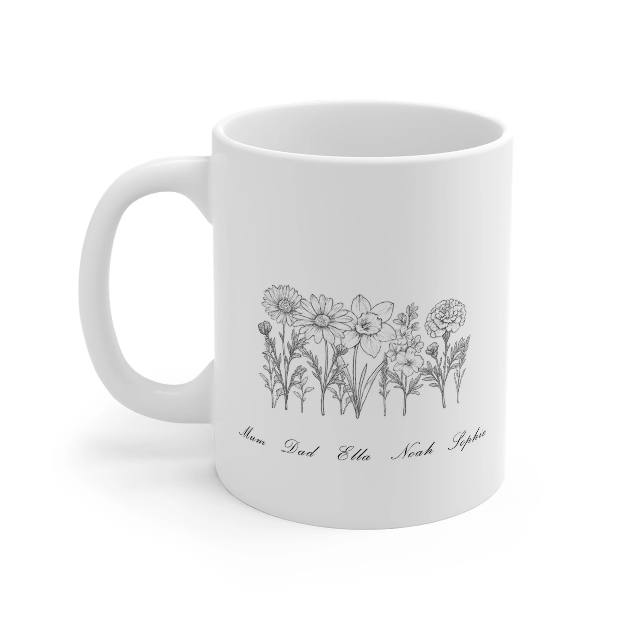 Personalised Birth Flower Family Mug | Custom Family Birth Month Flower Mug with Names Gift for Mum, Dad or Children