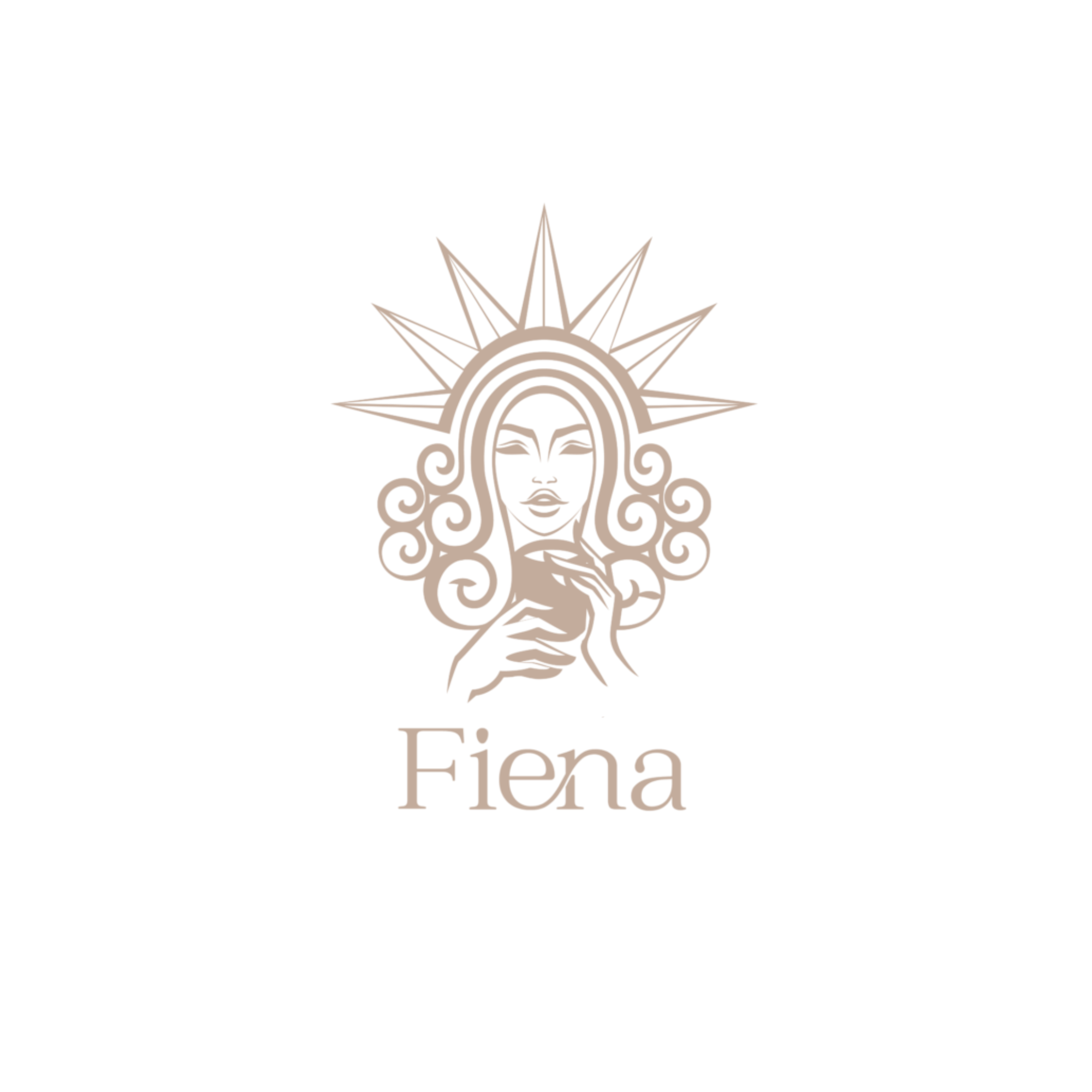 Log in black and beige featuring a stylized woman with long hair, a crown of rays, and the word 'Fiena' underneath.