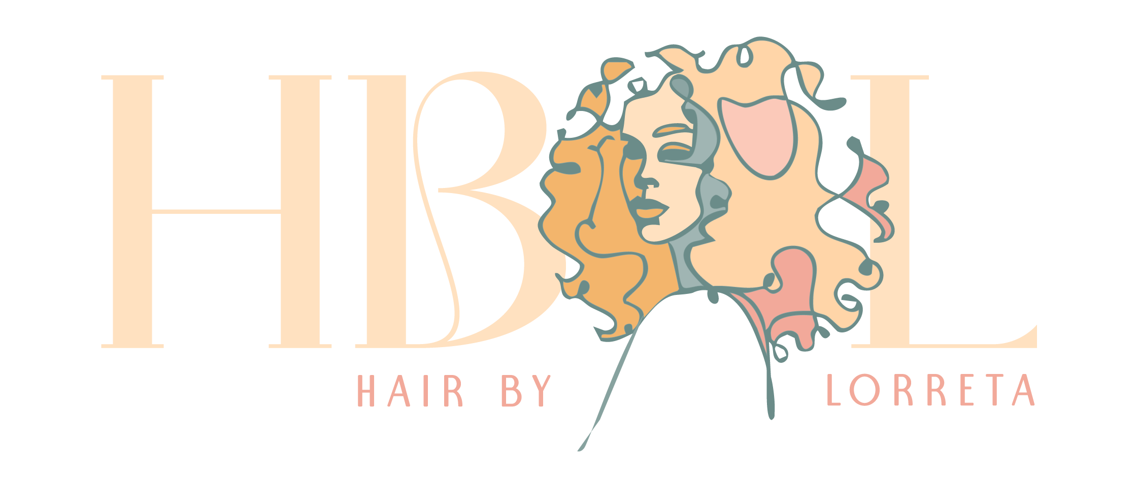 Logo for HIBEL Hair by Loreta featuring an abstract illustration of a woman's face with curly hair and the text 'HIBEL' in large letters and 'Hair by Loreta' below.