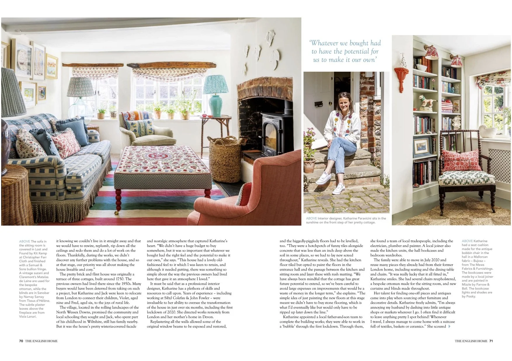 Interior of a cozy, well-decorated living room with a patterned sofa, colorful pillows, greenery by the windows, a vintage armchair, a fireplace, a coffee table, and a colorful striped rug. A woman is sitting on stairs outside the house, smiling, nea