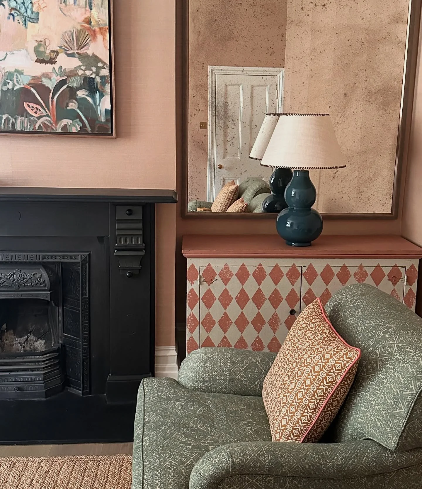 Snippet from a project coming together in London, still lots of finishing touches to go in, can&rsquo;t wait to see this room finished.  We&rsquo;ve used grasscloth on the walls, and this room is full of lovely mellow colours and textures