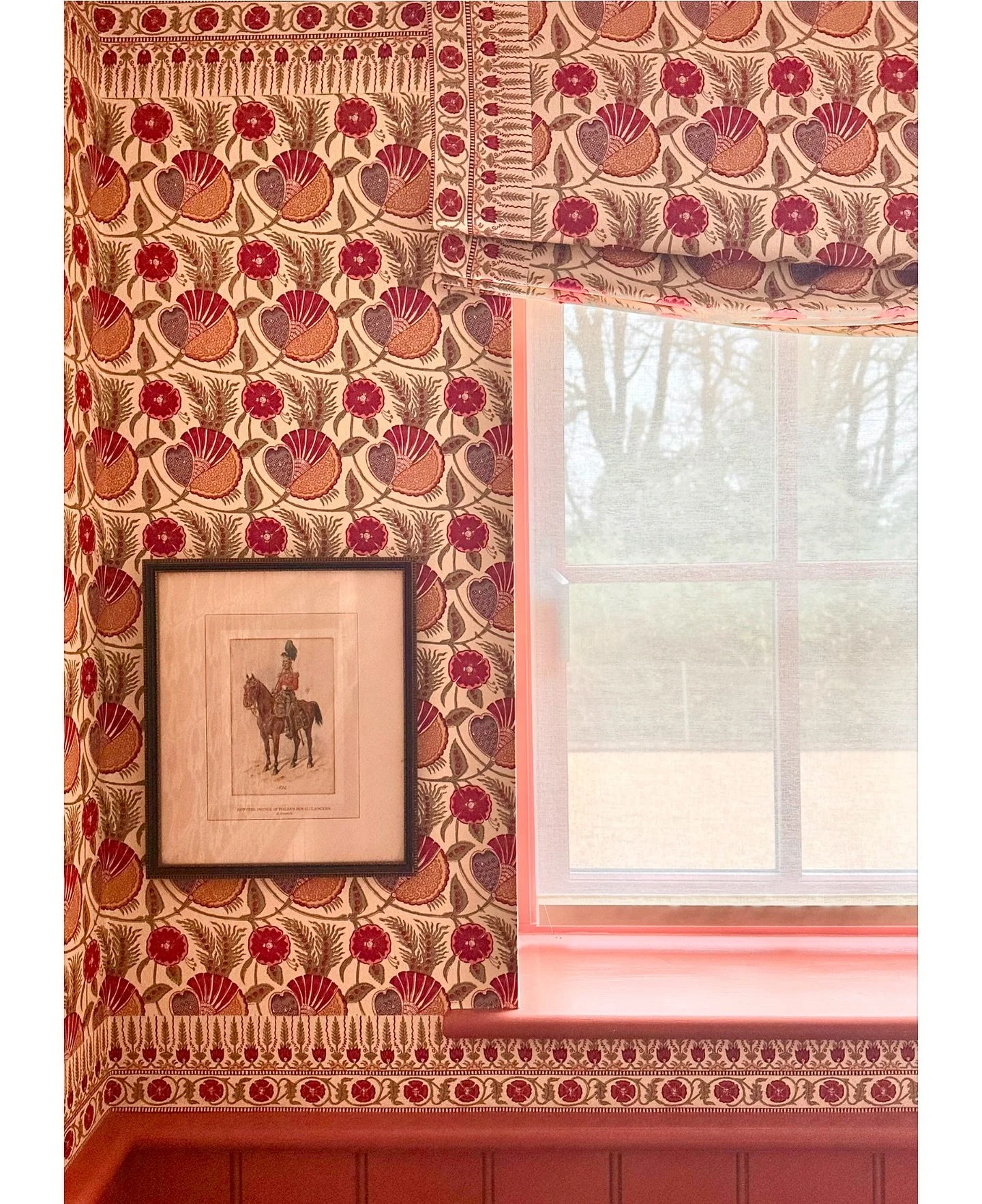 Snippet of a downstairs loo recently installed.  We paper-backed this fabulous fabric and used it on the walls above the panelling as well as on the blind ❤️