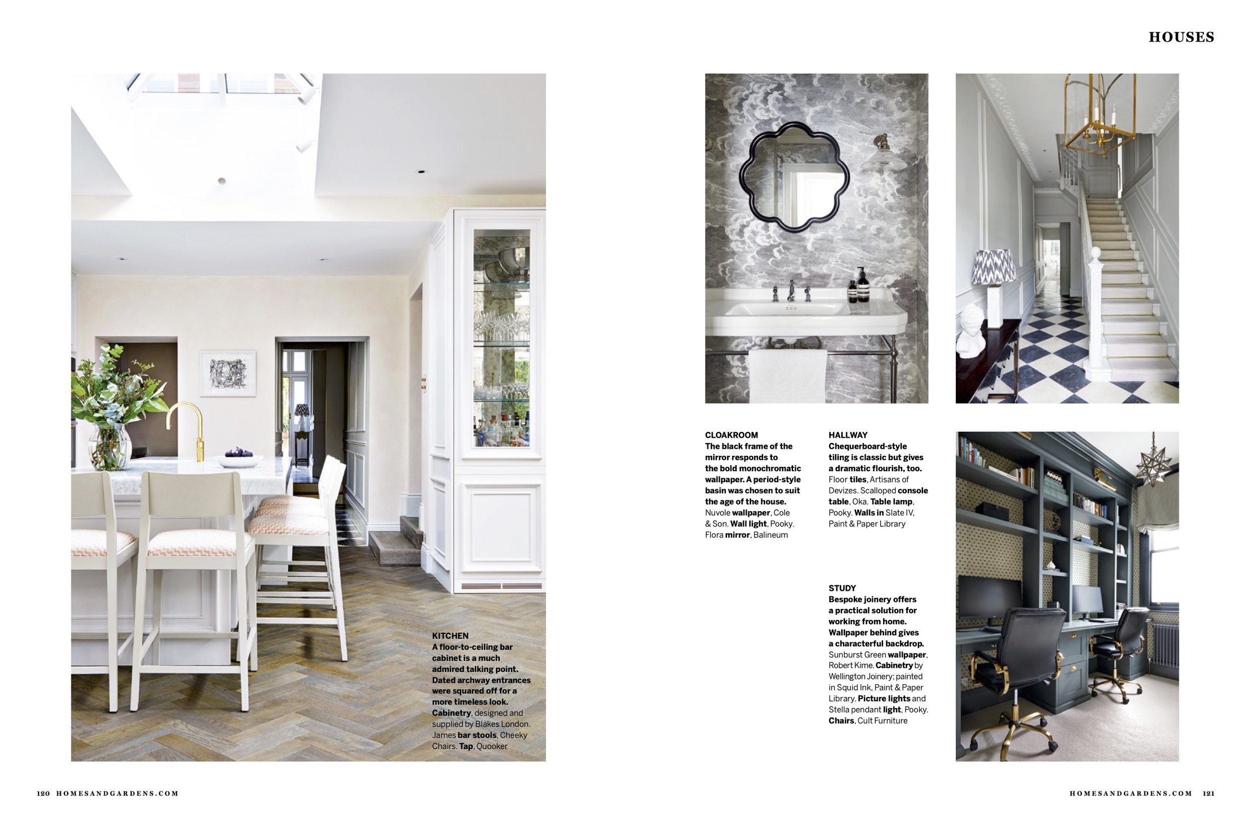 Interior design magazine page featuring photos of house interiors including a kitchen with a white dining table and chairs, a bathroom with a mirror and sink, a hallway with black and white checkered floors, and a home office with built-in bookcases 