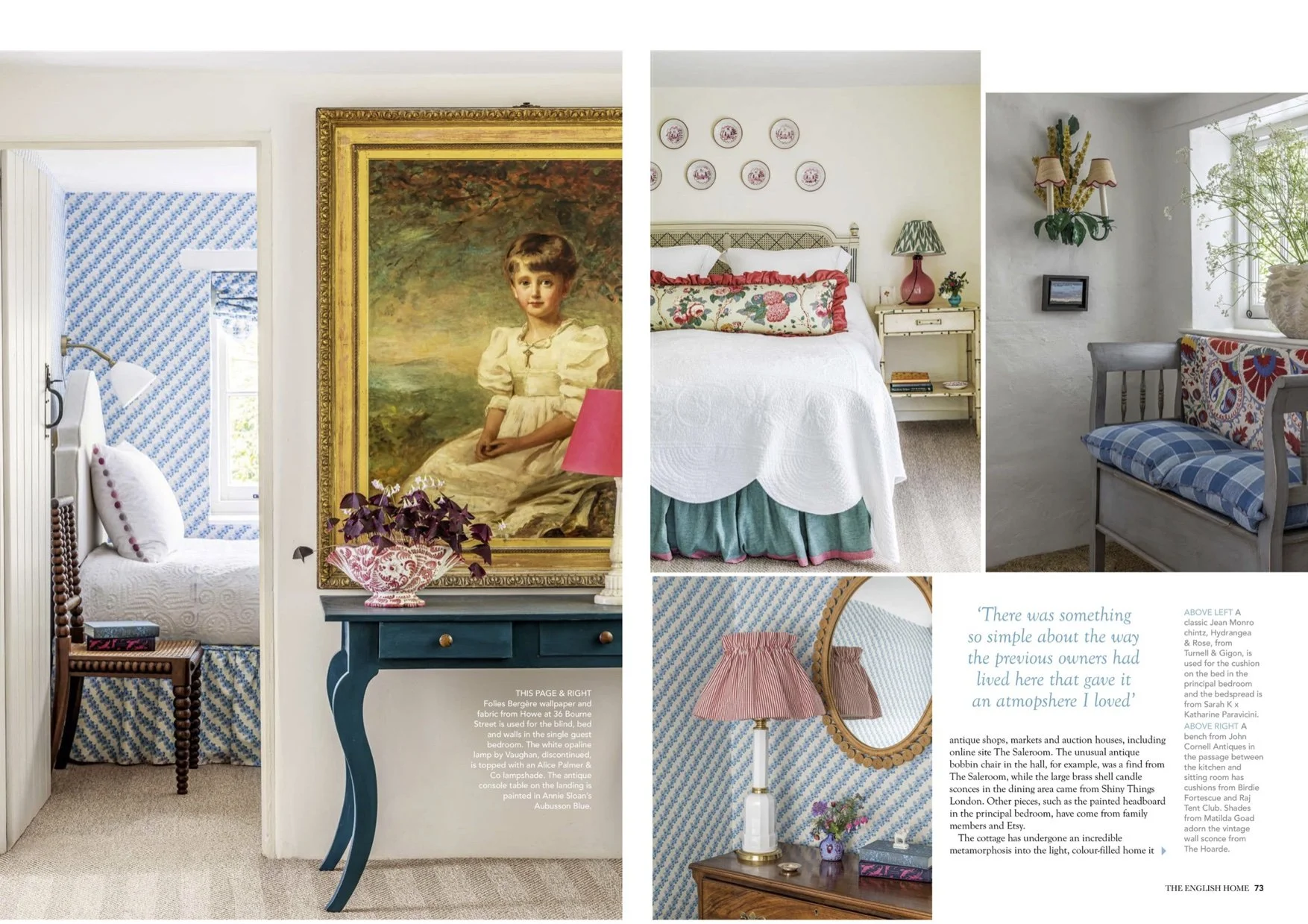 Collage of three bedrooms with vintage and floral decor, one featuring a large portrait of a young girl, another with a white bed and colorful pillows, and the third with a cozy window seat and patterned cushions.