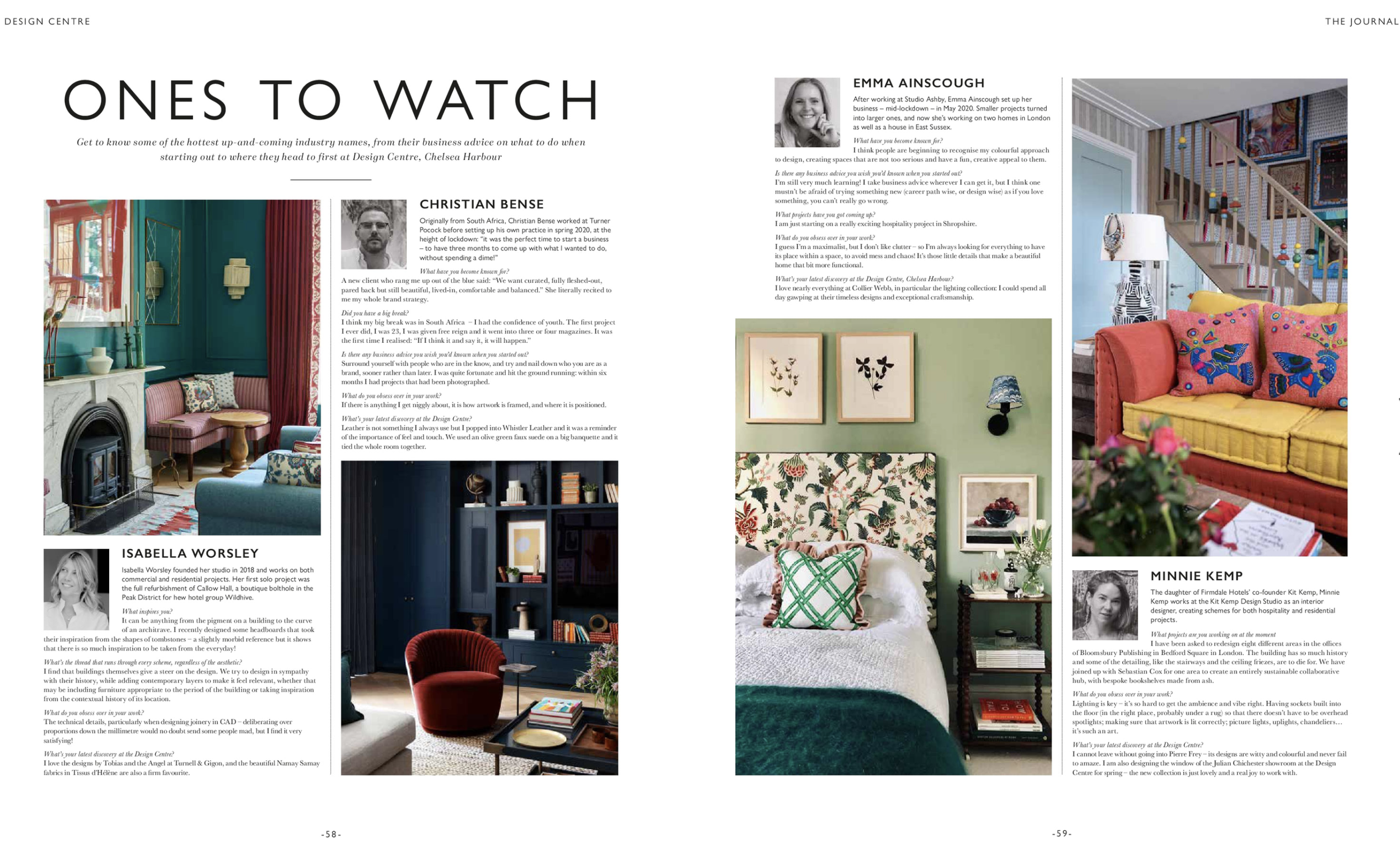 Two-page magazine spread featuring interior design articles and images. The left page includes an interview with Christian Bense and Isabella Worsley, with photographs of living rooms. The right page contains an interview with Minnie Kemp and a photo