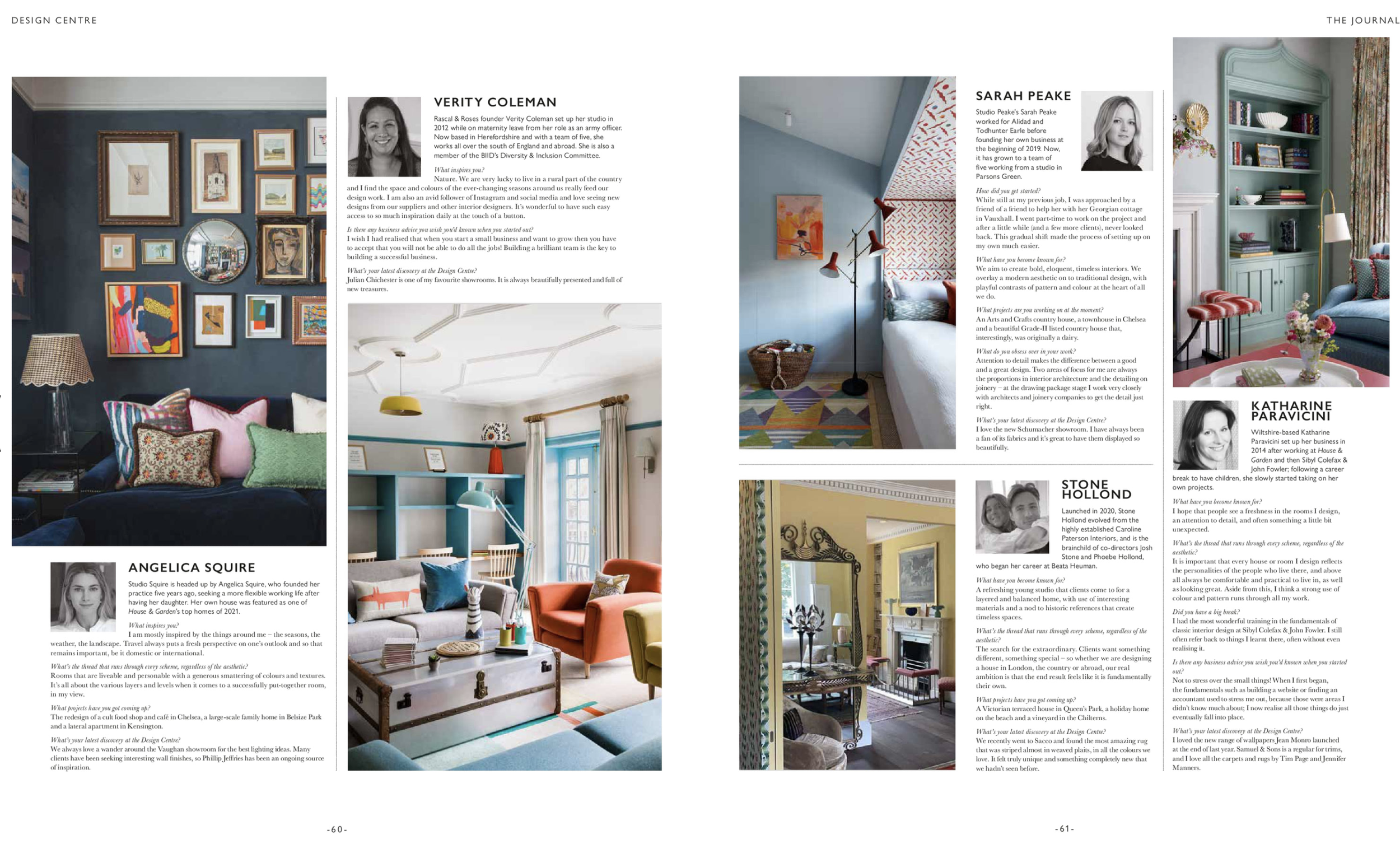 Pages from a design magazine featuring interior design photos and profiles of designers Angelica Squire, Verity Coleman, Sarah Peake, Katharine Paravicini, Stone Holland, and others. The pages include images of colorful living rooms, bedrooms, and de