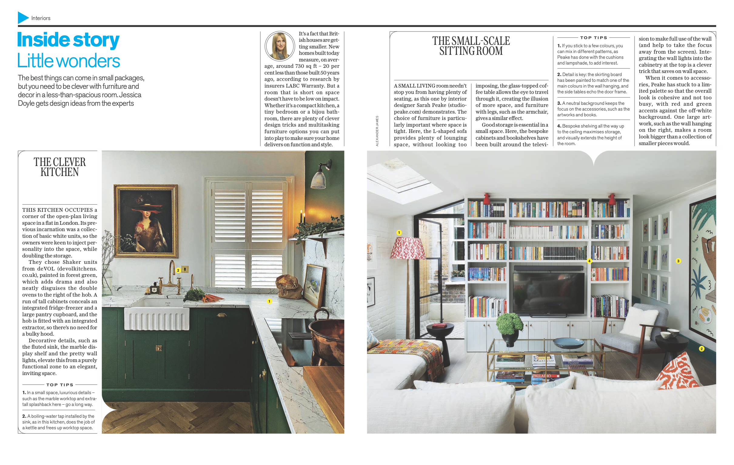 Two-page magazine spread featuring interior design tips and images of a kitchen and a living room. The left page shows a kitchen with dark green cabinets, a white countertop, and a framed portrait on the wall. The right page displays a bright living 