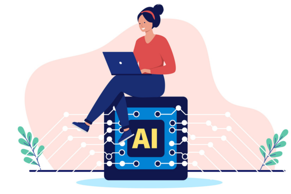 An illustration of someone using a laptop sitting on top of a block labelled AI.