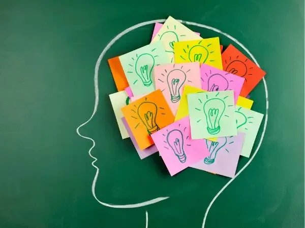A chalk drawing of a head profile filled with a collection of multi-colored sticky notes, all featuring hand-drawn lightbulbs. The image illustrates creative idea generation and the process known as design thinking.