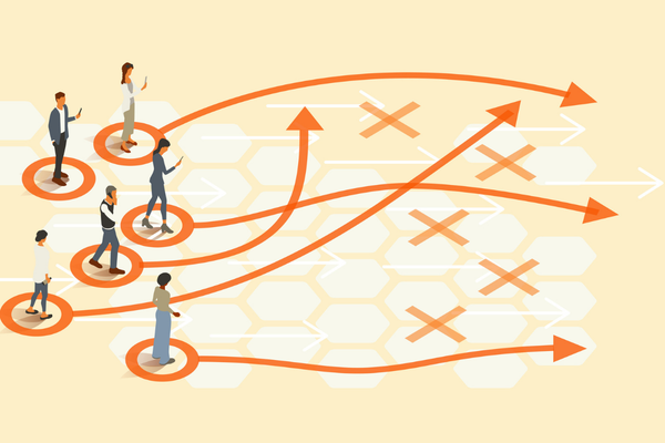 An illustration of human figures on a hexagonal board with game strategies mapped out, representing the process of defining career strategy