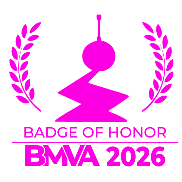 The Berlin Video Music Awards' official Badge of Honor emblem with laurel branches, a shield with a gavel, and the text "Badge of Honor BMFA 2026."
