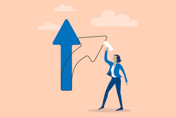 A graphic illustration of a professional editing an upward arrow to veer up and to the left, indicating that they are taking control over their career. 