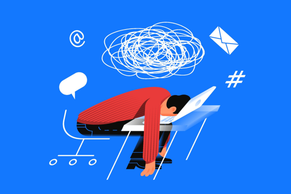 An illustration of an overwhelmed job seeker with their head buried in the laptop on the desk in front of them. They are surrounded by symbols of a long job search process, including a speech bubble, an @ sign, a scribble, an envelope, and a hashtag.