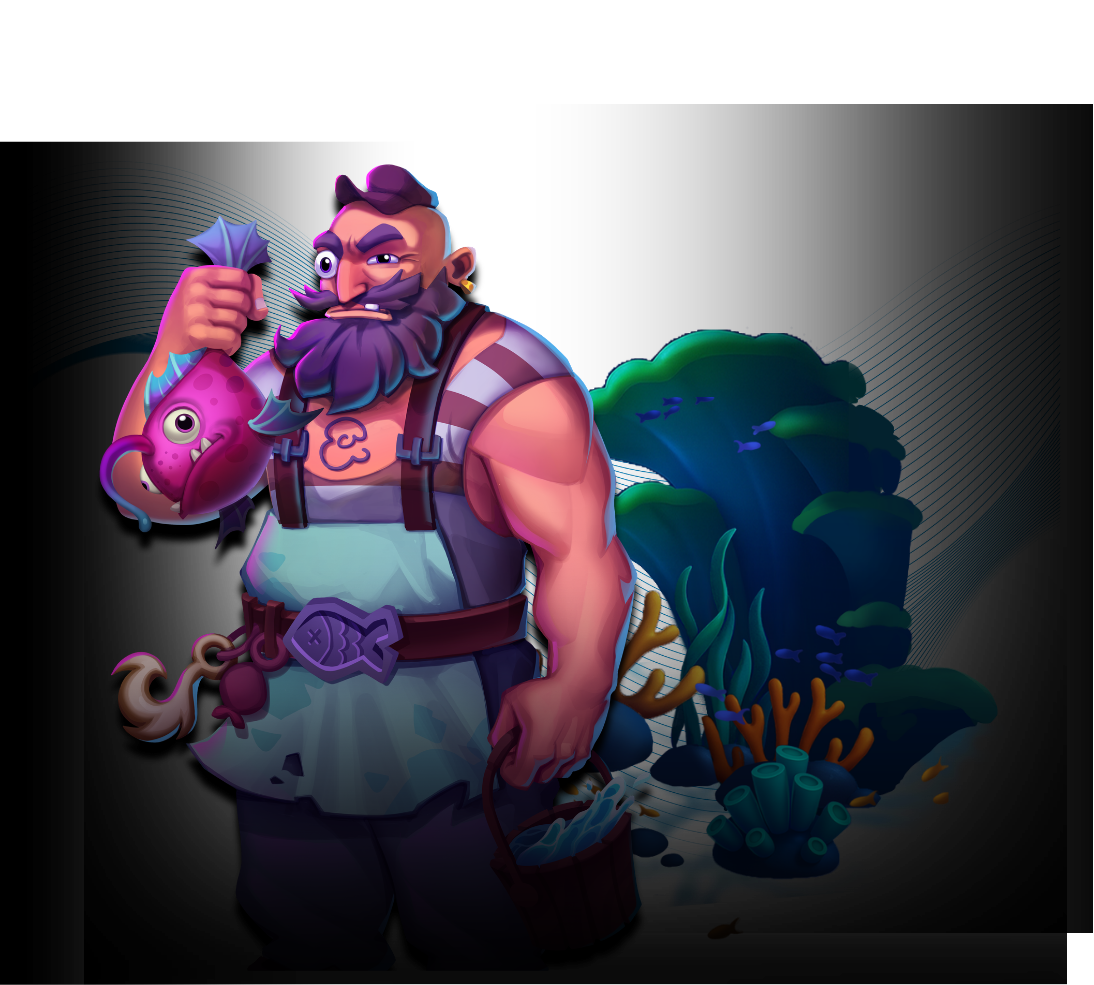 A cartoon pirate with a beard, striped shirt, and shoulder strap, holding a pink fish, stands in front of an underwater scene with coral and fish.