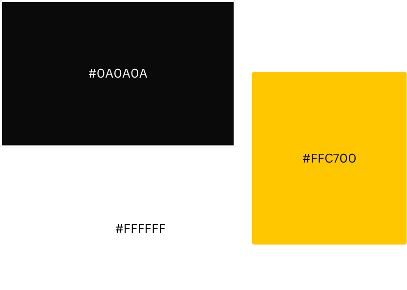 Image showing three squares with color codes: black (#0A0A0A) in the top left, white (#FFFFFF) in the bottom left, and yellow (#FFC700) on the right.