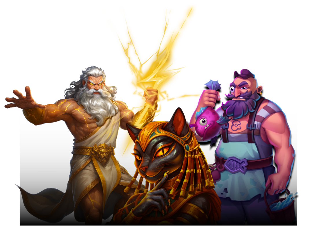 Three fantasy characters: an old man with a white beard in robes casting lightning, a woman with a bob haircut and purple fish, and a muscular man with a beard holding a fish, alongside a black cat with Egyptian jewelry.