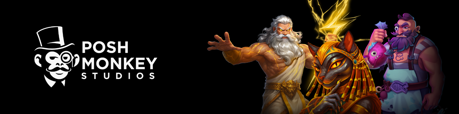 Logo of Posh Monkey Studios on the left, with animated characters resembling gods and mythological figures on the right, set against a black background.