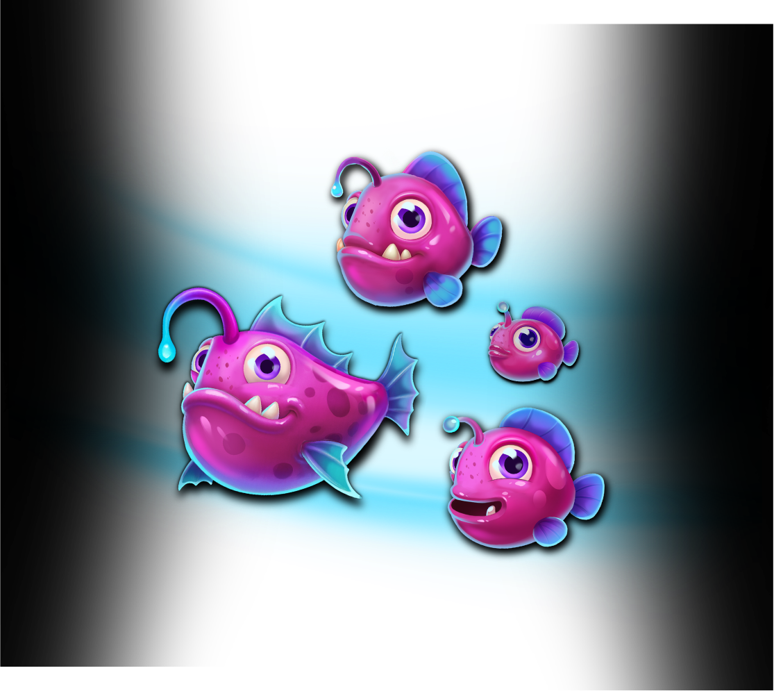 Four colorful cartoon fish with large eyes, set against a vibrant blue and black background.