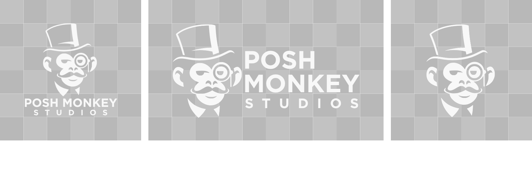 Logo for Posh Monkey Studios featuring a cartoon monkey wearing a top hat, monocle, and bow tie, in black and white.