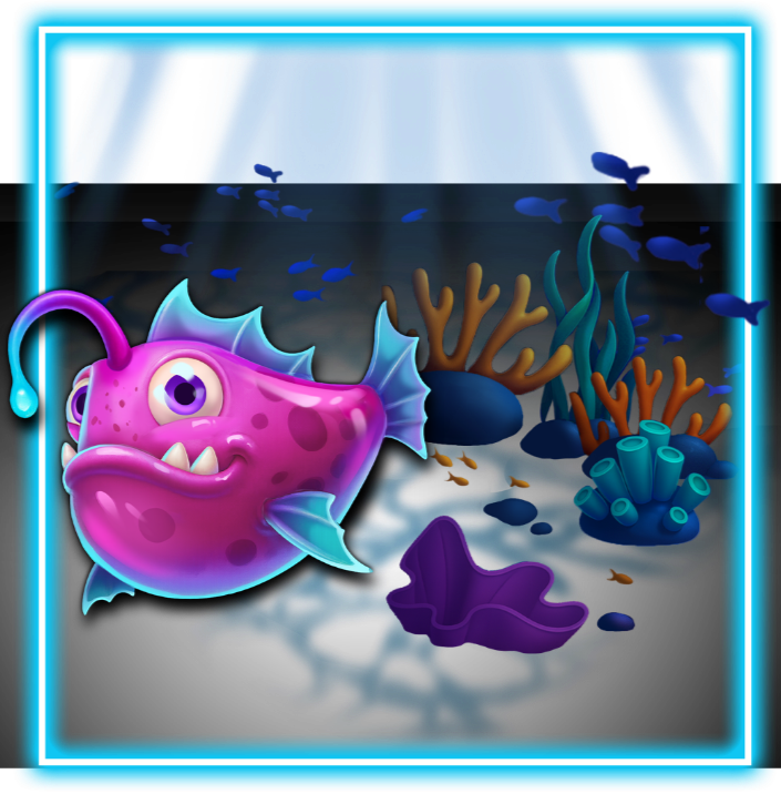 Digital illustration of a pink, cartoonish fish with one big eye, small fin, and smiling mouth, swimming in an underwater coral reef with colorful coral and small fish.