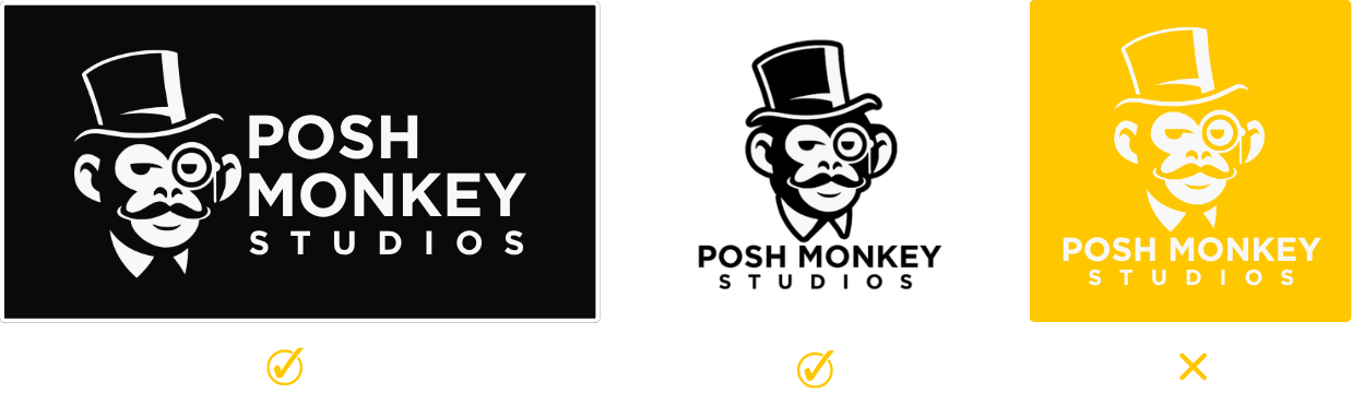 Three logo variations for Posh Monkey Studios, featuring a stylized monkey face with a monocle and top hat, and the text 'Posh Monkey Studios'