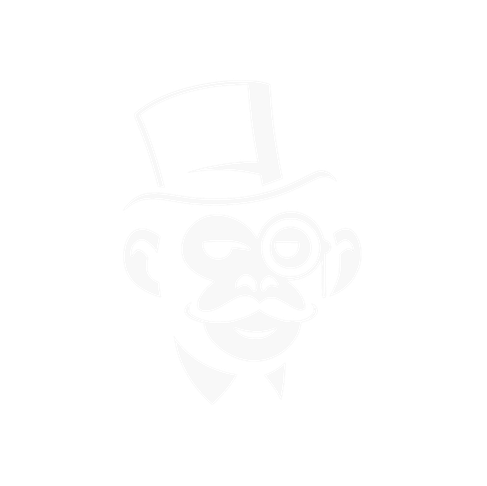 Black and white illustration of a vintage-style monkey with a monocle, mustache, bowtie, and top hat.