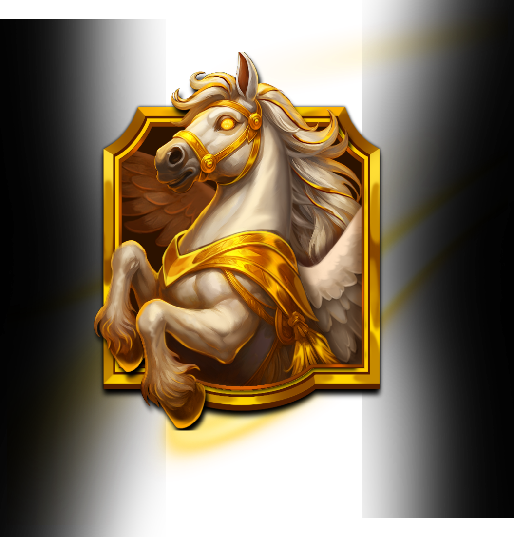 A fantasy-style illustration of a white horse with glowing yellow eyes, wearing golden armor and a saddle, set against a dark background with a shield emblem.