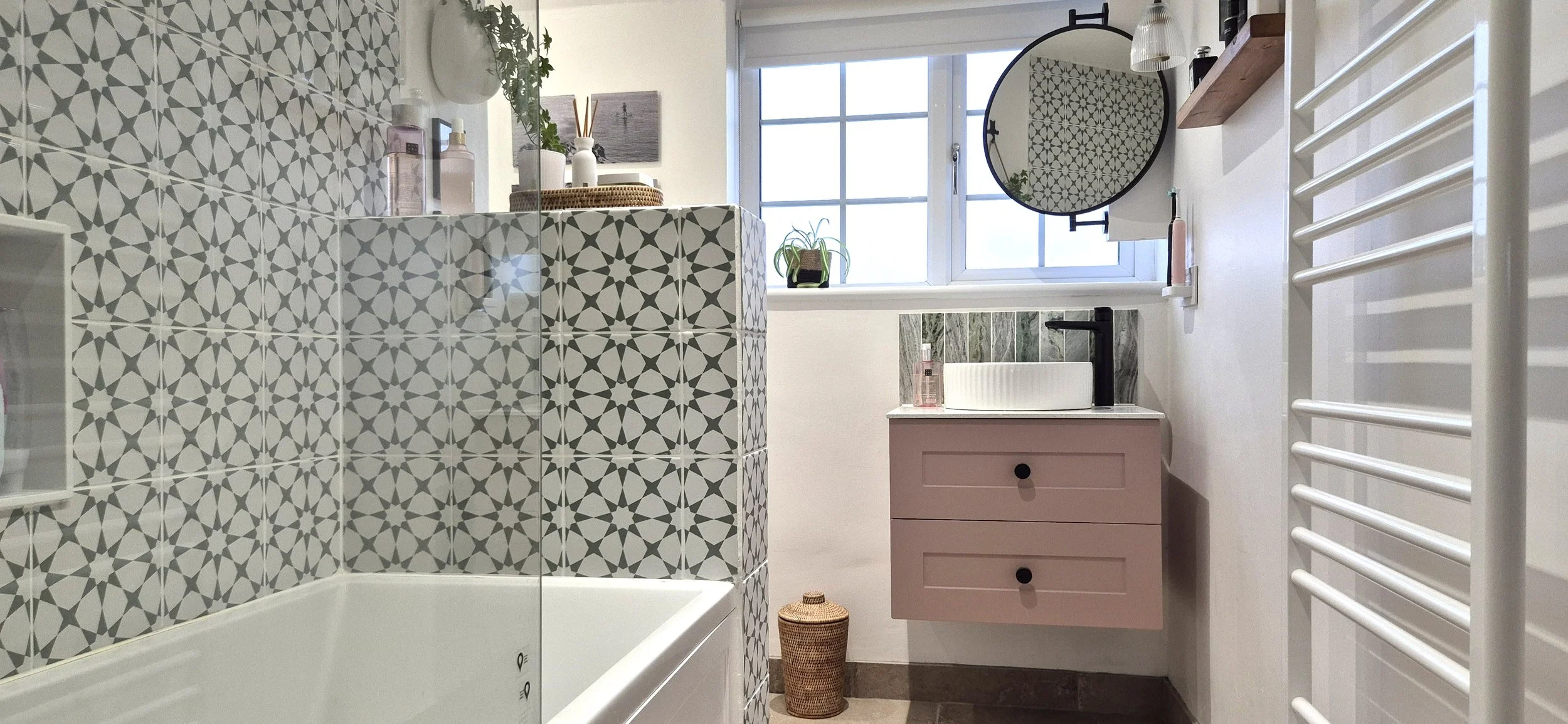 Bathroom redesign pink and green