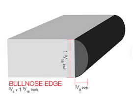 Diagram of a metal piece showing its dimensions and a bullnose edge, with measurements in inches.