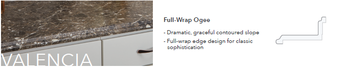 Close-up of kitchen cabinetry with a marble countertop and partial text saying 'VALENCIA' and details about a full-wrap ogee molding.