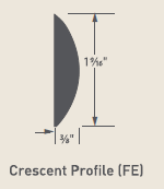 Diagram of a crescent profile with dimensions 1 3/4 inches in height and 3/8 inches in width, labeled 'Crescent Profile (FE)'.