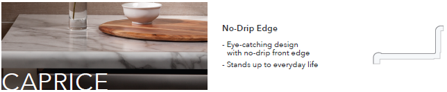 Close-up of a kitchen countertop with a wooden cutting board, a white bowl, and a glass of water. Text describing a no-drip edge feature.