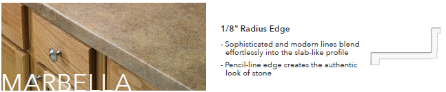 Close-up of a granite countertop with a 1/8 inch radius edge, showing the modern, sophisticated profile.