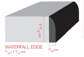 Diagram of a piece of material showing a waterfall edge, with measurements of 1 9/16 inches in height and 5/16 inch in width, labeled as waterfall edge.