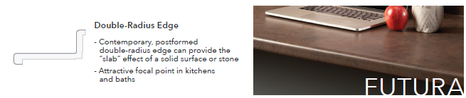 A white background with text about double-radius edge and a close-up of a red apple, a silver laptop, and a decorative object on a wooden surface.