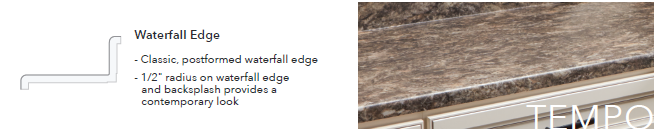 Close-up of a wooden waterfall edge countertop with a metal trim.