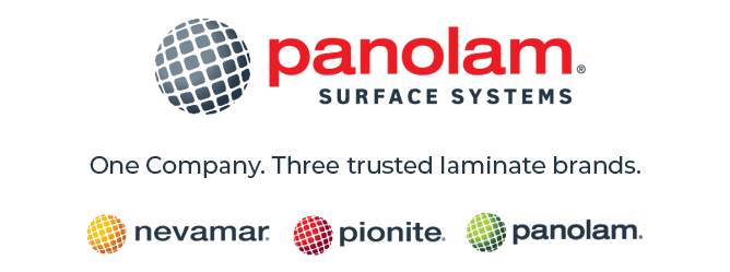 Logo of Panolam Surface Systems with the text "One Company. Three trusted laminate brands." and logos of Nevamar, Plomite, and Panolam.