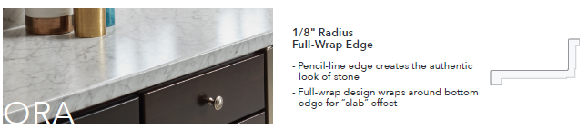 Close-up of kitchen countertop with cabinet drawers, showing detailed text about 1/8 inch radius full-wrap edge design.