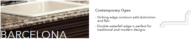 Close-up of a kitchen countertop with a marble surface, part of a faucet, and outlet, with text about contemporary design, edge details, and modern styles.