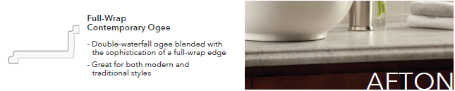 Text about a full-wrap contemporary ogee double-waterfall edge countertop, suitable for modern and traditional styles, next to a partial image of a white bowl on a dark surface.