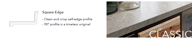 Close-up of a kitchen countertop with a glass of water and a glass jar, with text about a Square Edge countertop profile on the left side.
