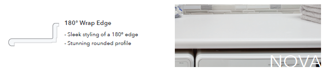 Diagram showing a 180° wrap edge with sleek styling and a rounded profile, adjacent to a close-up of a white pad or similar object.